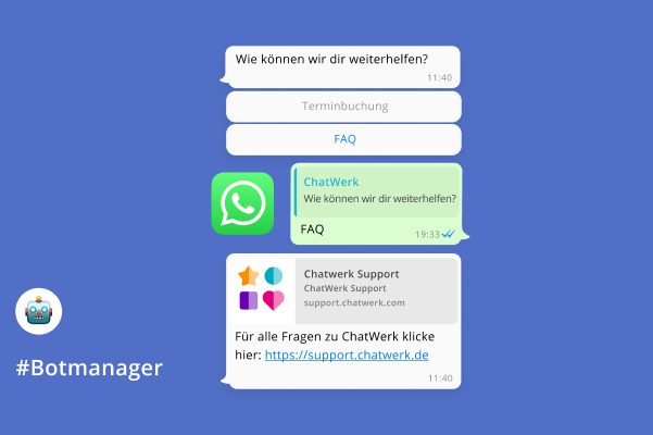 Beispiel für Chatbot-Automatisierung von ChatWerk: Eine Messenger-Lösung, mit der du fortgeschrittene Abläufe auf WhatsApp und Co. senden und anpassen kannst.